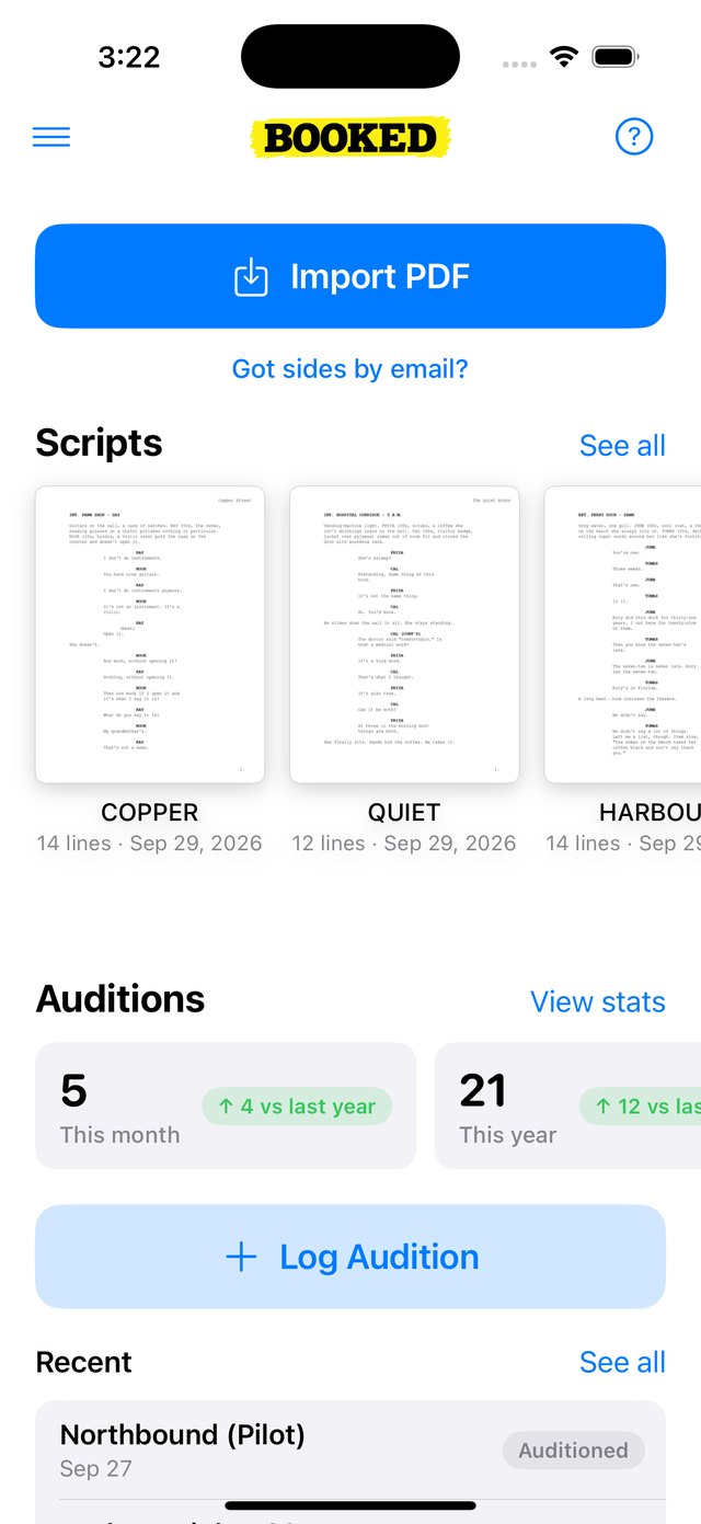 Booked's home screen: Import PDF and your scripts as mini pages